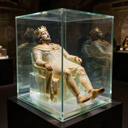 a completely transparent glass cube in which the king's body has been perfectly preserved and very lifelike. he is dressed in all casual regal garments. his body is beautifully preserved and the display is magnficent. the display is in the darkness of the catacombs and is beautifully lit, he has natural color and is posed in a relaxed way.