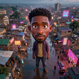 3 d vfx - caricature - art of a bustling - neon lit - wet ajegunle slum in nigeria, cinestill 8 0 0 t photograph, unreal engine render, digital illustration, illustration style by mike winkelmann, sharp, intricate detail, volumetric light, ray tracing, soft light, colourful, surreal environment, wide angle first drone person view,