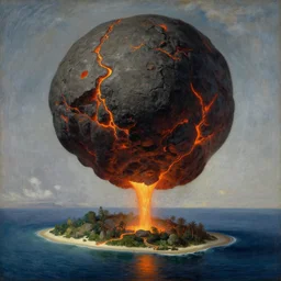 giant floating asteroid with molten flowing lava levitating above the paradise island. painting by asher brown durand, caspar david friedrich, thomas cole, monet, moebius