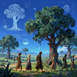 group of treefolk merchant nomads walking through a psychedelic landscape, in the style of Greg Broadmore and Arthur Rackham and Moebius, trending on artstation, light lighting side view,digital art,surrealism ,macro,blueprint ,vaporwave ,