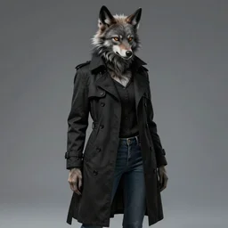 female werewolf dressed in a buttoned up black trench coat and jeans hyper detailed and intricate hypermaximalist hyper realistic photorealistic highlights and shadow ray traced ultra - hd 3 2 k post - processing super high resolution