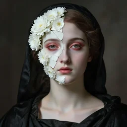 hyperrealism close - up mythological portrait of a beautiful medieval woman's shattered face partially made of white color flowers in style of classicism using the fibonacci golden ratio, pale skin, red make up on the eyes, wearing black silk robe, dark and dull palette