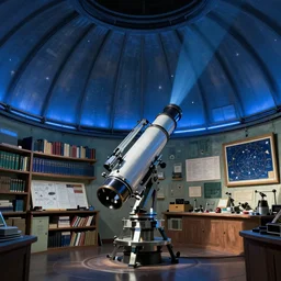 Interior of an observatory, Blue light, Telescope, Shelves of books, Cluttered with Star maps, charts and tools, Dramatic lighting, Epic composition, Wide angle, by Miyazaki, Nausicaa Ghibli, Breath of The Wild