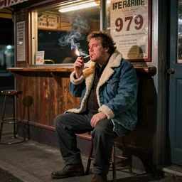 a hirsute broad man in a { denim shearling coat } sits on a small stool smoking a { lit cigarette } outside a lonely bar in queens at 1 am, 1 9 7 9, high quality high detail art by angus mcbride & n. c. wyeth, hd, realistic, photorealistic lighting, composition inspired by gregory crewdson.