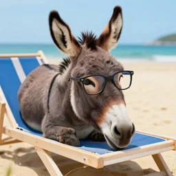 A photograph of a donkey wearing cool glasses lying on a beach sunbed, digital art, amazing detail