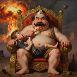painting of a very fat khatapa with a thick moustache eating the leg of a terrified man while sitting on a throne, in the background there is a nuclear explosion, cute, hilarious, disturbing, nightmare, highly detailed, funny, hahahaha, by david cronenberg, found on artstation, hyperrealistic digital art