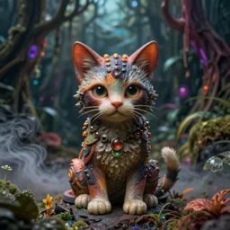 of a beautiful Hyperrealistic Giger statue of a kitten surrounded by a dark scary smokey surreal Giger jungle, macro lens, ultra shallow depth of field, highly detailed, digital painting, trending artstation, concept art, vibrant colors, illustration, cinematic lighting, vibrant colors, photorealism, epic, octane render