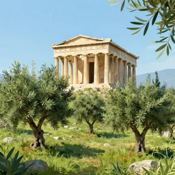 olive trees in an ancient greek temple landscape, trending on art station, digital art