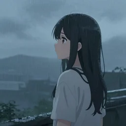a sad anime girl looking out at a humid and rainy sky