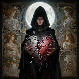 broken heart in silence, female thief, masterpiece,  cinematic, powerful, moon beams dramatic light, highly, intricate elements, hollow souls, detailed, digital painting, artstation, concept art, sharp focus, contrasty, illustration, by Edgar Maxence and Ross Tran and Michael Whelan, art by artgerm and greg rutkowski and alphonse mucha, mitch foust, elaborate composition, intricate story