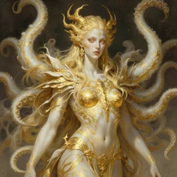 portrait of a blonde haired corrupted lovecraftian golden humanoid queen in the style of god of war, 8 intricate white and gold tentacles,, intricate, elegant, highly detailed, digital painting, artstation, concept art, smooth, sharp focus, illustration, art by artgerm and greg rutkowski and alphonse mucha, 8 k