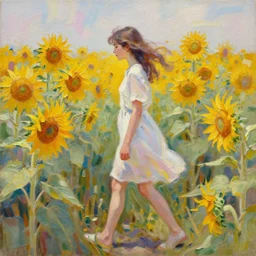 highly detailed expressionist oil painting of a girl walking through tall sunflower field, expressive, impasto, pastel shades, rough canvas textured, dynamic pose, top lighting, loose brush strokes, hyper detailed, digital painting, artstation, concept art, top lighting, realistic, art by sam spratt and peter mohrbacher and james jean