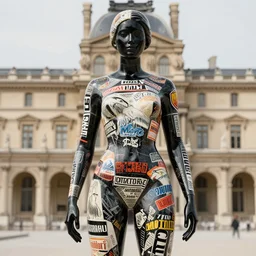 hyperdetailed masterpiece portrait of a glossy black marble statue of a woman covered in colorful motocross branding, symmetrical, logos, typography, in the style of virgil abloh and ingrid baars, offwhite, heron prestorn, denoise, vogue, paris, fashion, louvre museum, highly detailed, realistic, hyperreal, 8 k, 4 k, render