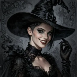 halloween witch woman in a hat smiles, fantasy magic, undercut hairstyle, dark light night, intricate, elegant, sharp focus, illustration, highly detailed, digital painting, concept art, matte, art by wlop and artgerm and greg rutkowski and alphonse mucha, masterpiece