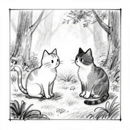 a storyboard pencil sketch of two cats talking in the forest, black and white, rough sketch with erased lines