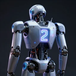 robot with a neon 2 engraved on its exoskeleton