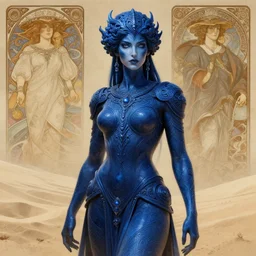charismatic female character, ancient, sand, indigo, intricate, highly detailed, digital painting, artstation, concept art, smooth, sharp focus, illustration, Unreal Engine 5, 8K, art by artgerm and greg rutkowski and alphonse mucha, by Jesper Ejsing, by RHADS, Makoto Shinkai and Lois van baarle, ilya kuvshinov, rossdraws