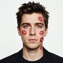 “ dan smith from bastille, close - up portrait, extremely detailed, covered in lip stick kiss marks ”