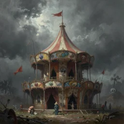 ultra realist soft painting render of a curiosities carnival in loveraftian universe, horror, omnious sky, deep fog, tiny lurking tentacles, crowded silhouettes, symmetry accurate features, very intricate details, purple gold cyan color palette, masterpiece award winning,, volumetric light clouds
