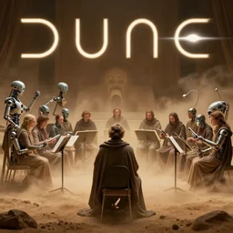 Michael Whelan art directs Dune (1984) where a cybernetic-orchestra!!! plays, veiled in the dust, photorealistic, 3d render, award winning render, unreal engine, octane render, studio lighting, 8k, hd