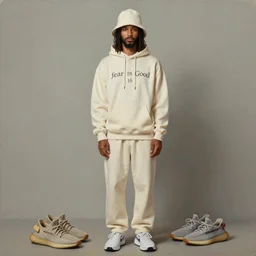 a full body lookbook portrait of modern - day jesus wearing cream fear of god menswear collection by nicola samori, hat and hoodie, detailed, oil painting, hyper realistic, 8 k, yeezy collection