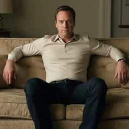 full body photo of michael scott, mature male, mysterious face. he is sitting gracefully on a sofa, elegant slim beige shirt, tight shirt, bally belly