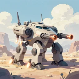 an armored core on the ground, booster flares, legs, laser rifles, karst landscape, clouds, daylight ; detailed illustrations, pastel tones, deep colors, clear lines, by jordan grimme, greg rutkowski
