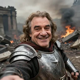 last selfie taken by, a tolkien dwarf, resembling Danny Devito wearing metal Armour that is smiling, in combat, apocalyptic, smoldering ruins