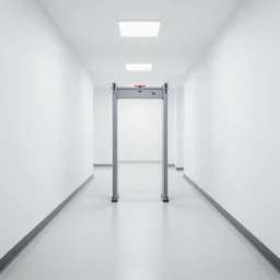 a photograph of a blank sterile white hallway with a single metal detector in the middle