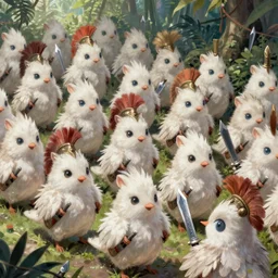 dungeons and dragons fantasy painting, close order phalanx of feathered mice spartans, 3 0 0, whimsical and cute, aztec ashigaru. determined expressions, watery eyes, anime inspired, white fur, tufty whiskers, steel blades, in the jungle, by brain froud jessica rossier and greg rutkowski