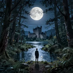 An image of a moonlit forest with a river running through it it has a lake in the distance a castle at its center and a single solitary figure standing in the middle of it all who is gazing out at the world trending on artstation