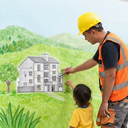 a photograph of a builder, the landscape is a building drawn by a kid