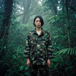 photograph of a female model wearing camouflage by yohji yamaoto in a dense and misty jungle in the style of daido moriyama, camera obscura, 3 5 mm photography