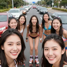 lovely detailed faces, group shot of bikini models rollerblading on a the high way during traffic jam and having fun, sharp eyes, smile, group portrait, face close - up