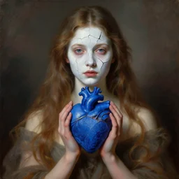 Young beautiful girl with fractured white face holds blue surreal ornate heart in her hands, the long shot, dramatic lighting, high-detailed oil painting by Rembrandt and William Blake, masterpiece, 4k
