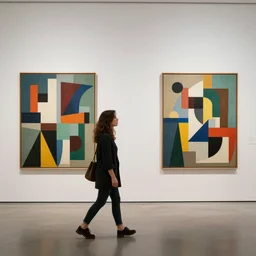 a woman walks into a gallery and is immediately horrified by the geometric abstract art on display. the shapes and colors are so chaotic and confusing that she feels like she's going crazy just looking at it. she desperately tries to make sense of it, but it's just too much for her brain to handle. eventually she has to leave, feeling incredibly shaken by the experience. hyperrealism, 4 k