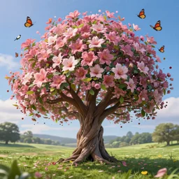 a beautiful awesome artistic tree with falling flowers like leaves and many butterflies birds, all in the amazing outdoors view, long exposure, 8 k resolution, trending on artstation