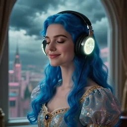 close up portrait in front of window of queen with glowing headphones, vibing, regal dress, soft smile, blue long haired elegant model, female, eyes closed, by greg rutkowski, storm clouds, in fantasy city, teal and pink color palette, annie liebovitz, preraphaelite, detailed c