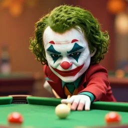 very beautiful portrait of extremely cute and adorable the joker playing pool, smooth, perfect face, fantasy, character design by mark ryden and pixar and hayao miyazaki, sharp focus, concept art, harvest fall vibrancy, intricate detail, cinematic lighting, hyperrealistic, 3 5 mm, diorama macro photography, 8 k, 4 k