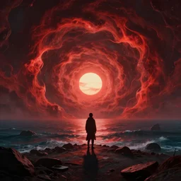 dark matter red infernal world future landscape ocean and sun limbo spiral hyper reflection in the horror them open street schizophrenia and stratification of consciousness mind mad spirit man poster highly detailed full HD 8K resolution
