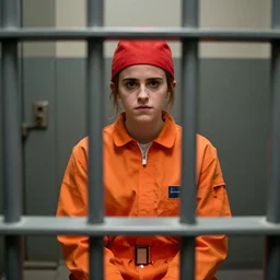 photo of emma watson sitting in a jail cell wearing an orange jumpsuit and a red hat, defocused bars in the foreground, detailed face, 8 k, 8 5 mm f 1. 8