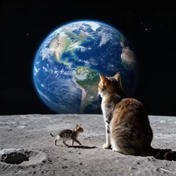 a very high resolution image from a new movie. cat sitting on the moon watching planet earth. 2 4 0 mm, on the moon, cat, walking together, photorealistic, photography, night directed by wes anderson