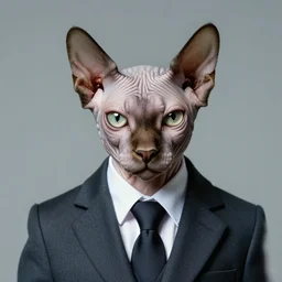 photographic portrait of a sad max ernst hairless cat, wearing a suit, editorial