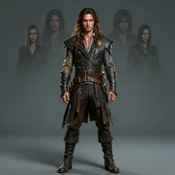 full body portrait of aaron taylor johnson as a swashbuckler. long hair, detailed face, concept art, intricate, highly detailed 8 k, smooth, sharp focus, handsome and aesthetic shape of face and body, artgerm, artstation, art by zexi guo and nira and junpei suzuki and gharliera and rinotuna