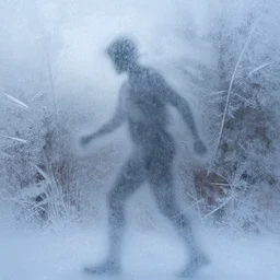 A creature behind a slightly transparent frosted icesheet, raytraced refraction