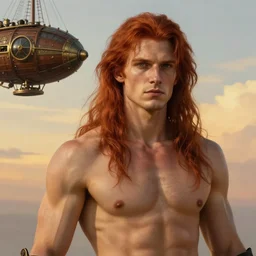 realist portrait painting of a young rugged long long hair soft hair crimson hair male captain minimalist clothing upper body elegant muscular rugged handsome steampunk wood brass ornate mechanical zeppelin airship in upper left corner background sky sunset golden hour fantasy rugged character art atmospheric lighting art by mullins rutkowski bussiere
