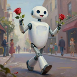 Oil on canvas, A Tall happy smiling robot walking on the street jollily with bokeh roses in his hands, by Greg Hildebrandt, George R. R. Martin, Seanan McGuire, Brandon Sanderson, Patrick Rothfuss, J.R.R. Tolkien, Nnedi Okorafor, Andrzej Sapkowski, Robin Hobb, 3d render, octane render!!!
