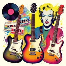 colorful illustration of guitars cassete vinyl, splatters, by andy warhol and by zac retz
