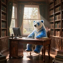 Working desk in the middle of a Victorian blue polar bear sitting on a chair library, morning sun coming through the windows, top post on CozyPlaces subreddit
