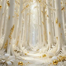 a beautiful forest made of ivory and gold, highly intricate, digital art, very detailed, in the style of a weird and dark art noveau flemish painting